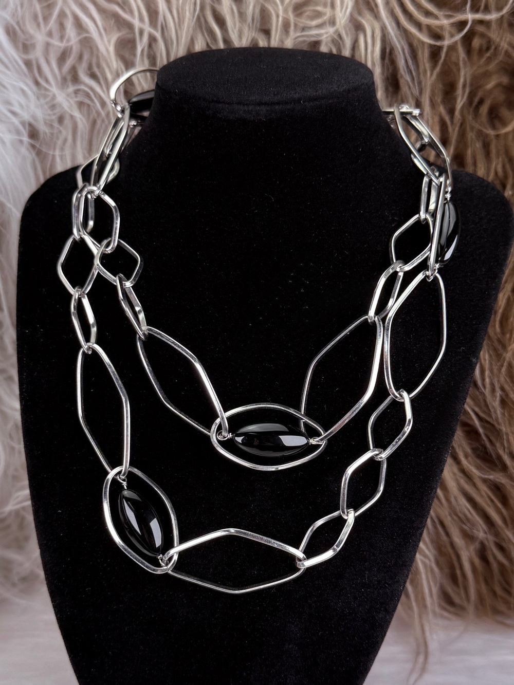 Simona Collini Italy Stainless Steel Link Necklace Black Cabochons